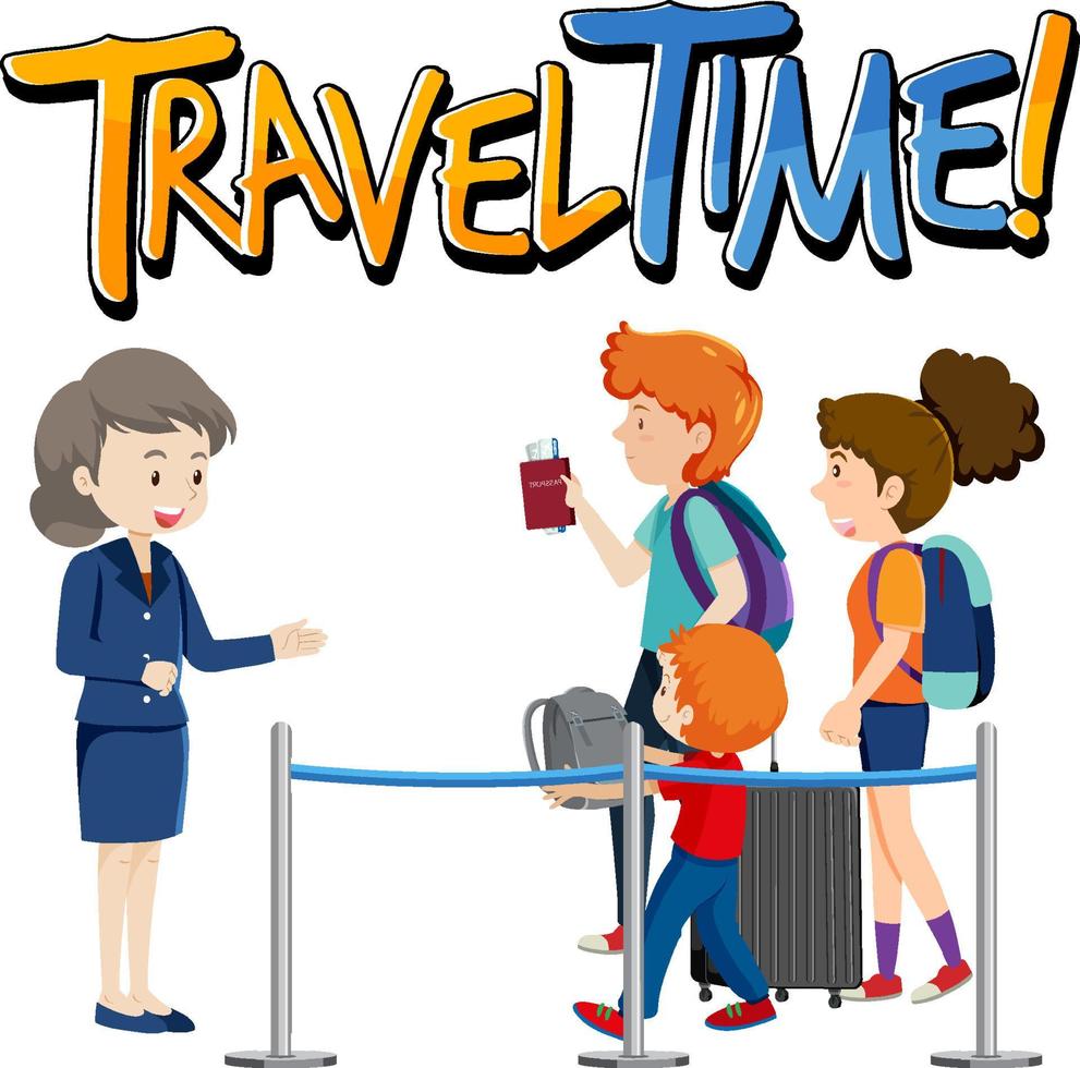 Travel Time typography design with passengers and ground service staff vector