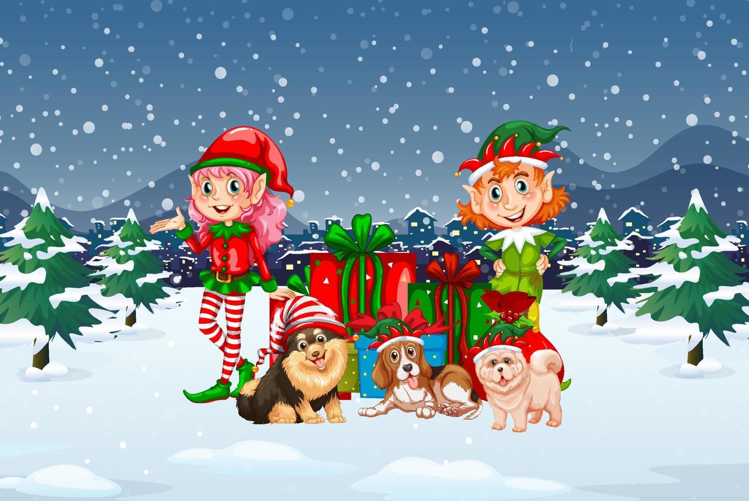 Snowy night scene with Christmas cartoon characters vector
