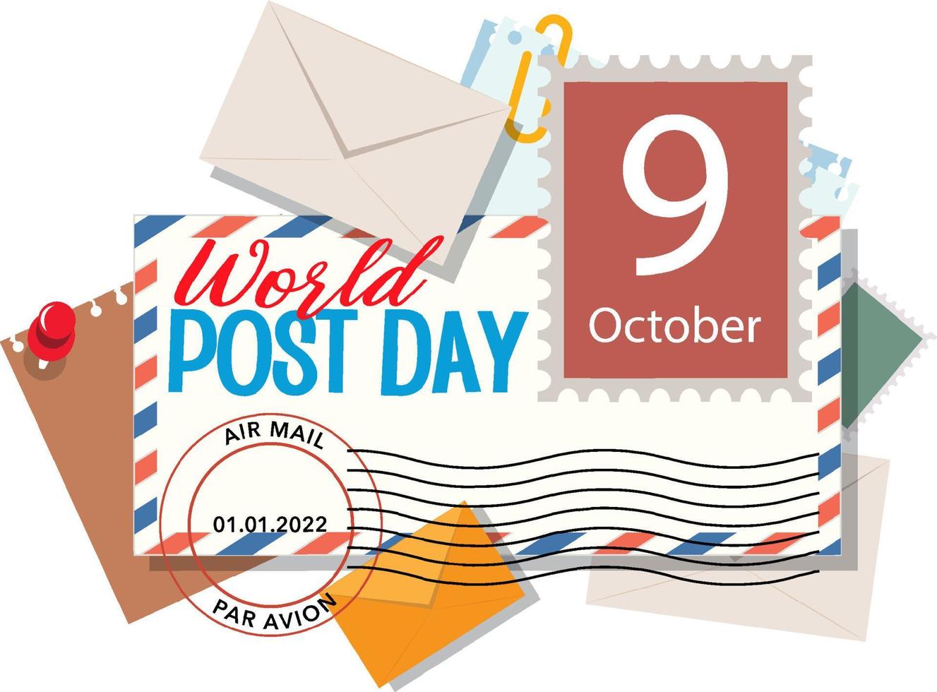 palabra del día mundial del correo en sobre con sello vector