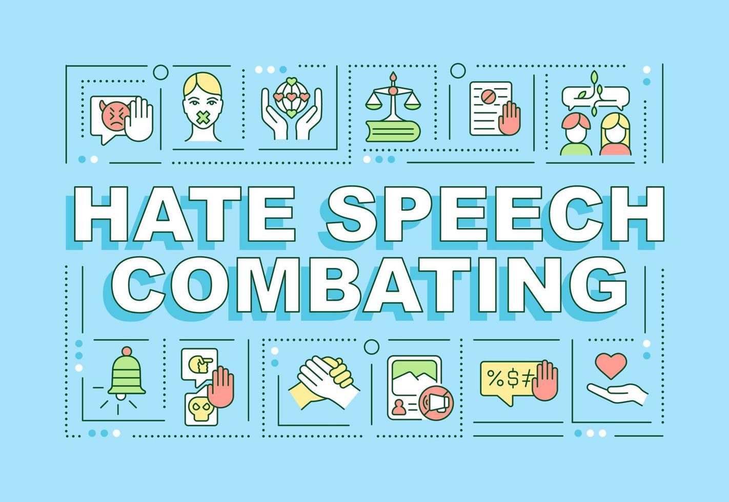 Hate speech combating word concepts banner. Staying safe online. Infographics with linear icons on blue background. Isolated creative typography. Vector outline color illustration with text