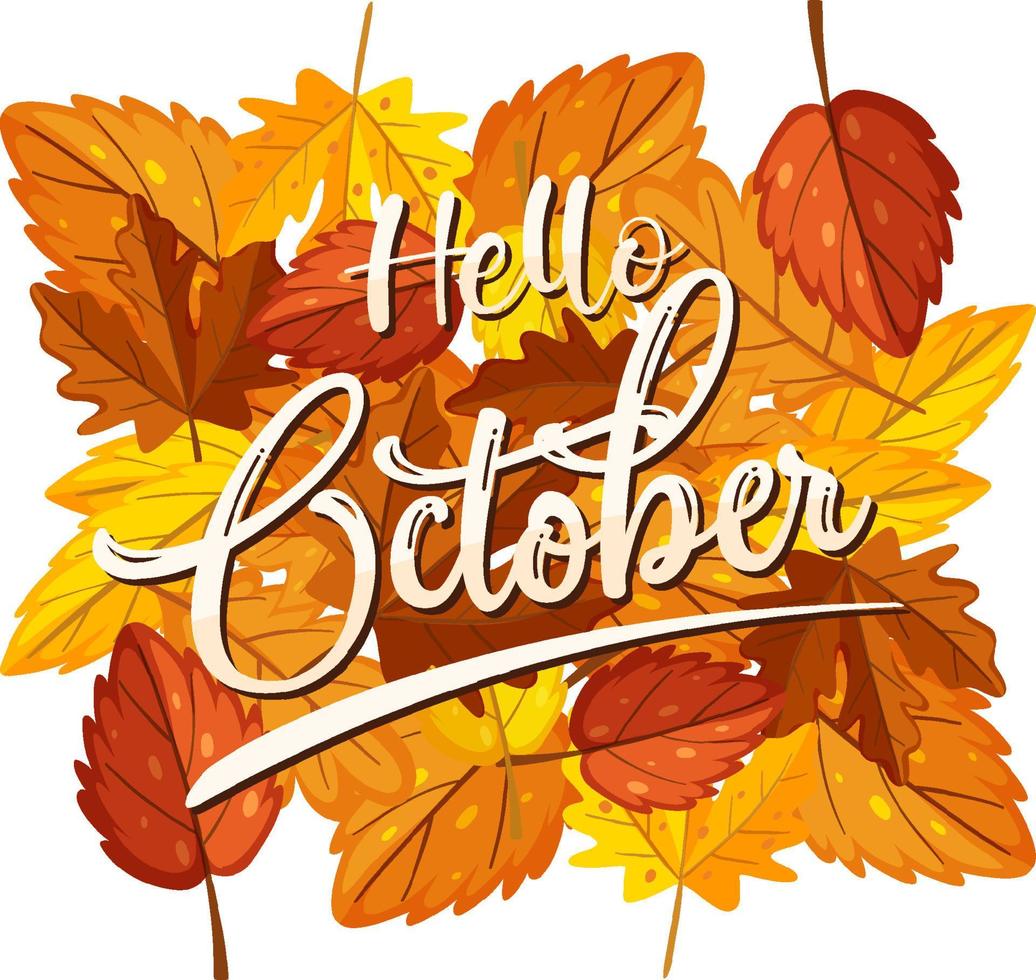 Hello October logo with ornamental autumn leaf vector
