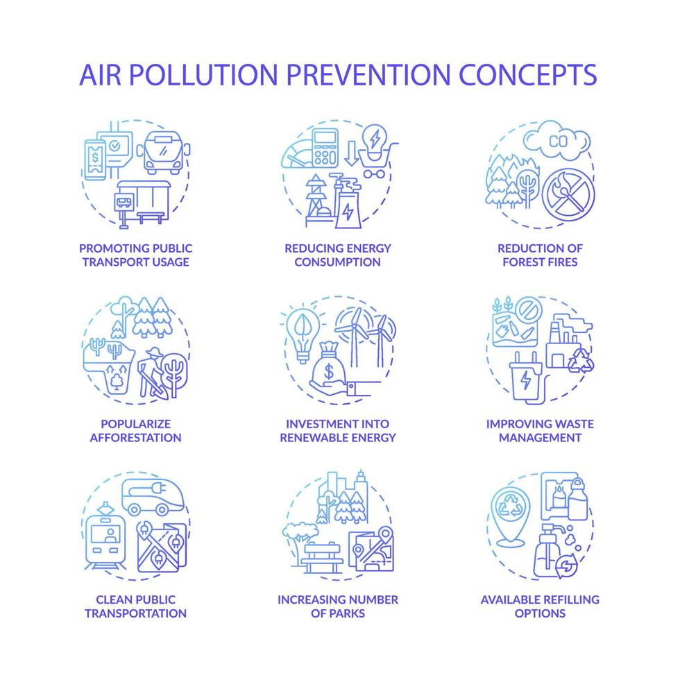 Air pollution prevention concept icons set. Renewable energy idea thin line color illustrations. Popularize afforestation. Increase parks. Reducing energy consumption. Vector isolated outline drawings