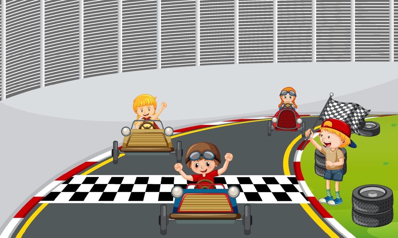 Escena de derby de jabonera con coche de carreras para niños. vector