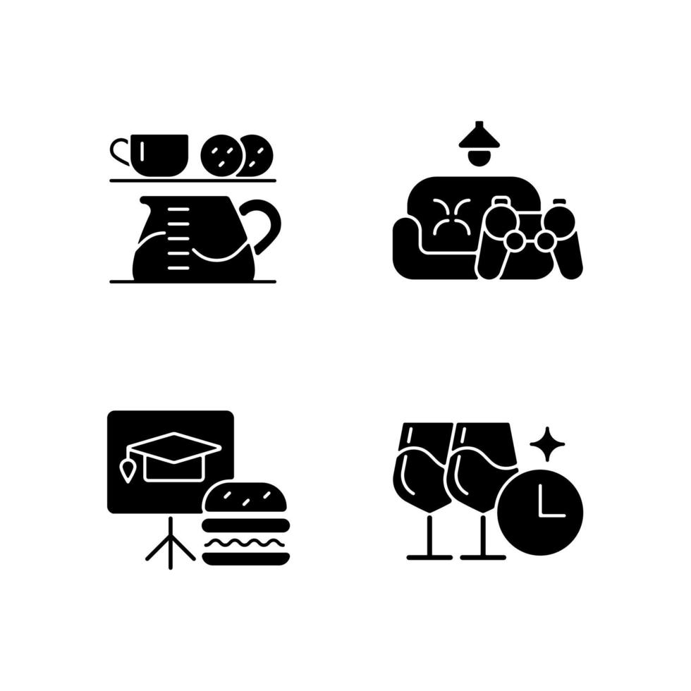 Employee engagement black glyph icons set on white space. Office coffee station. Game room. Training session during lunch. Company happy hour. Silhouette symbols. Vector isolated illustration