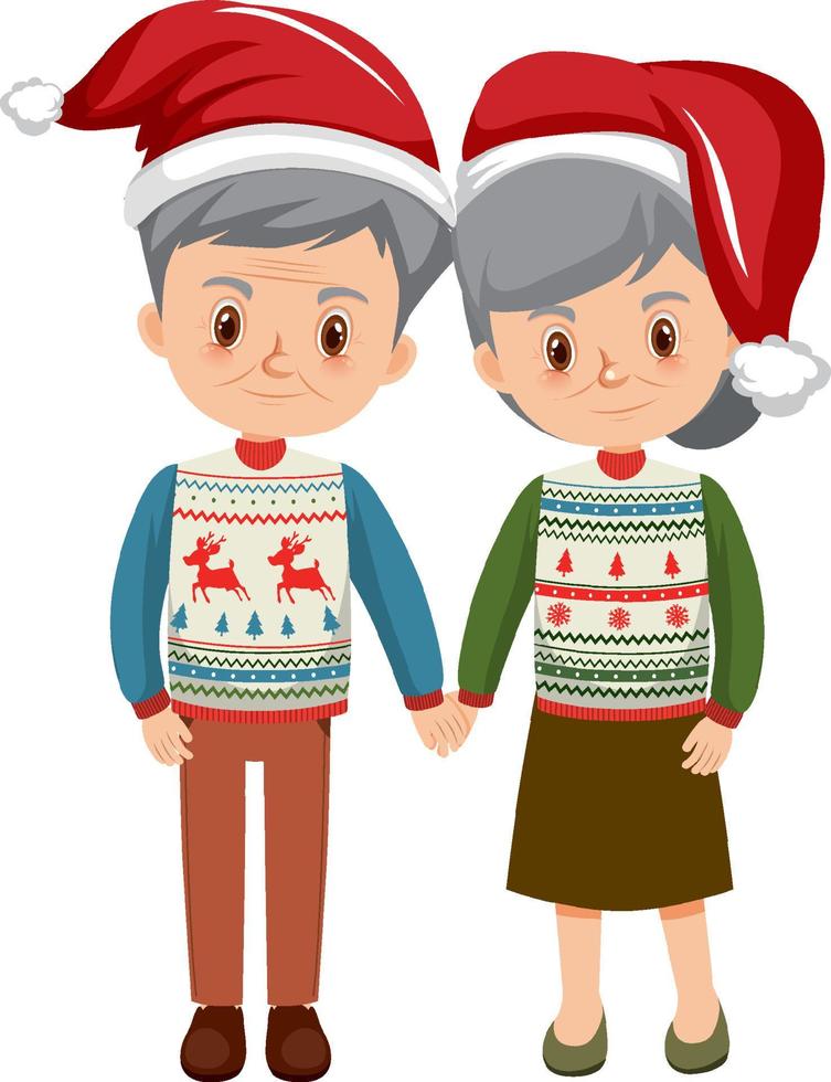 pareja de ancianos en trajes de navidad tomados de la mano juntos vector