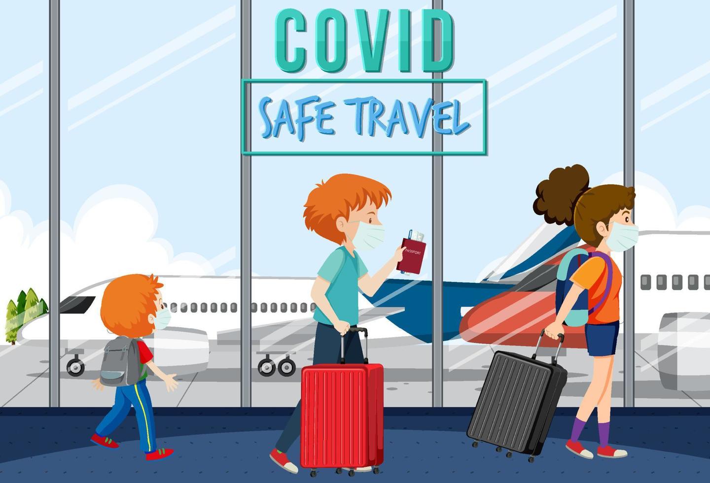 Passengers walking in airport with covid safe travel banner design vector