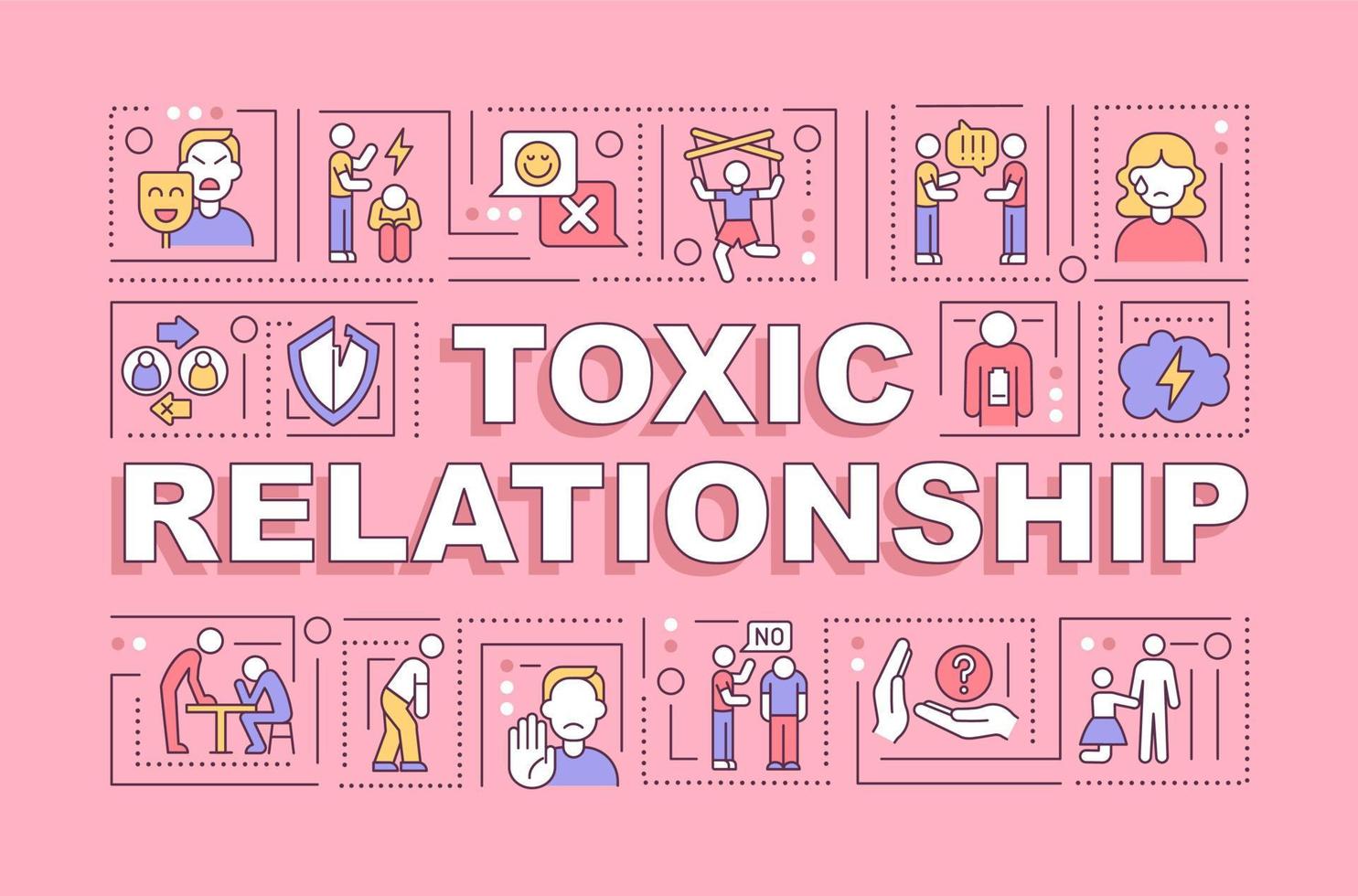 Toxic relationship word concepts banner. Controlling partner behavior. Infographics with linear icons on pink background. Isolated creative typography. Vector outline color illustration with text