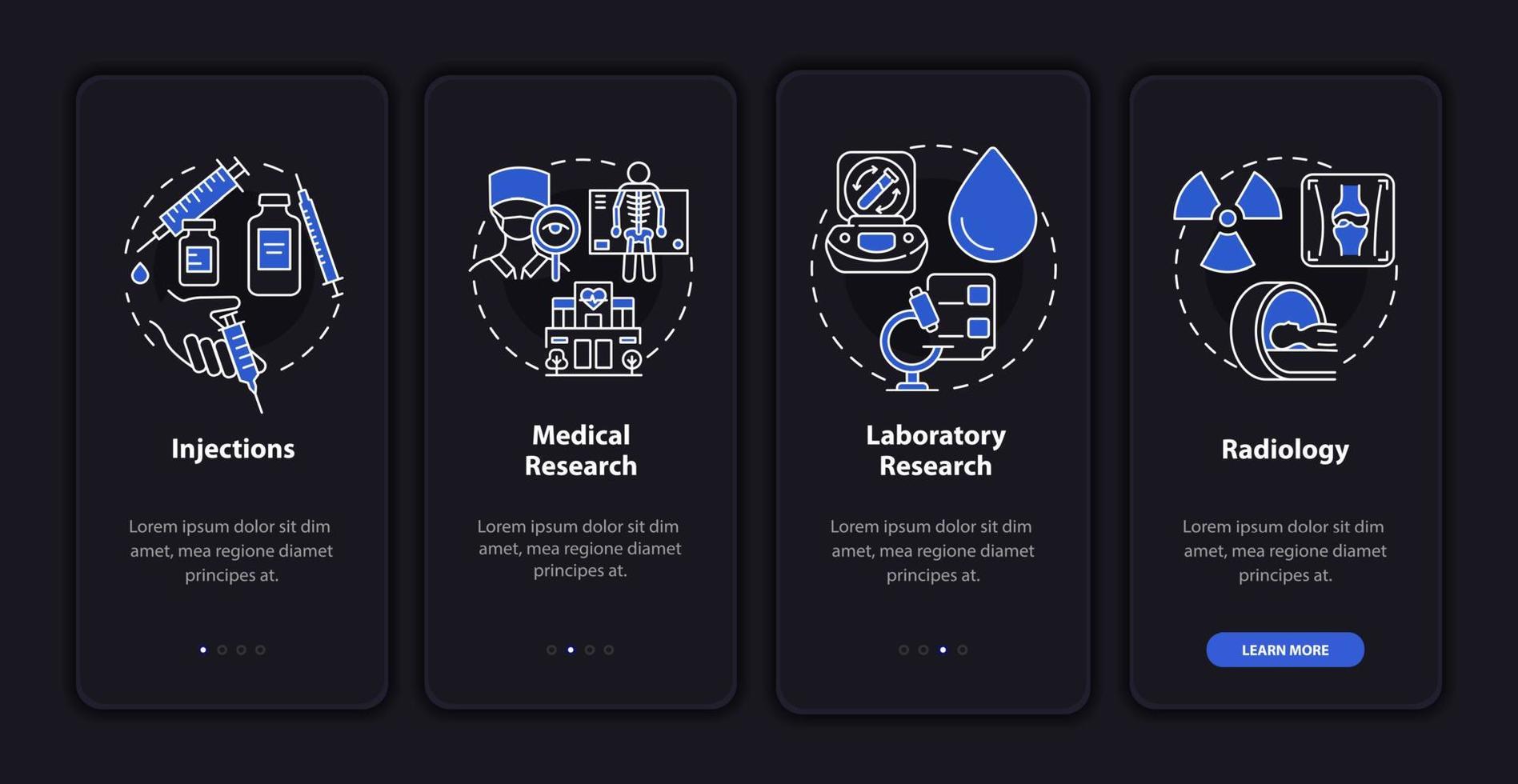 los servicios de la clínica de artritis incorporan la pantalla de la página de la aplicación móvil oscura. tutorial de atención médica instrucciones gráficas de 4 pasos con conceptos. ui, ux, plantilla vectorial gui con ilustraciones lineales en modo nocturno vector