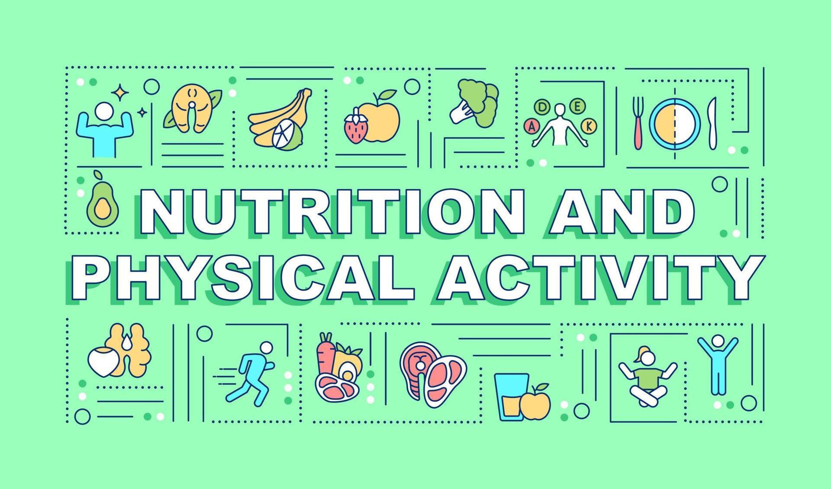 Nutrition and physical activity word concepts green banner. Infographics with linear icons on background. Isolated typography. Vector outline color illustration with text. Arial-Black font used