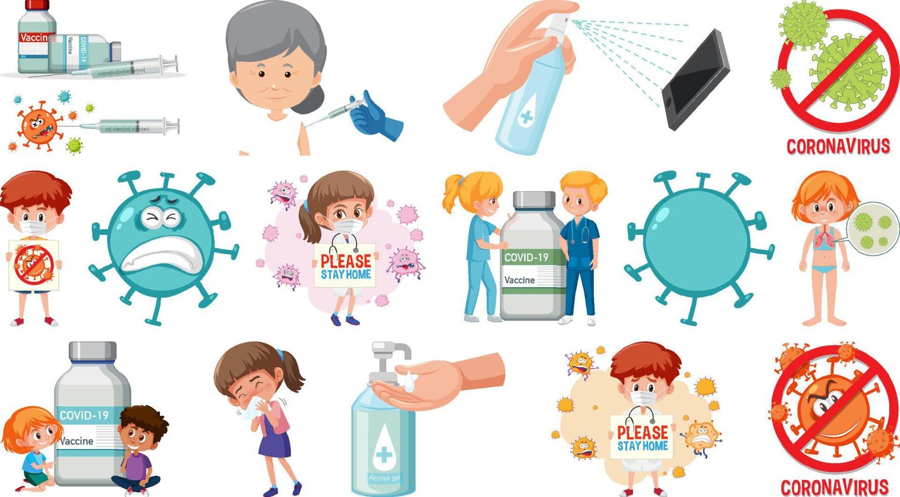 Cartoon character and Coronavirus vaccination isolated objects vector