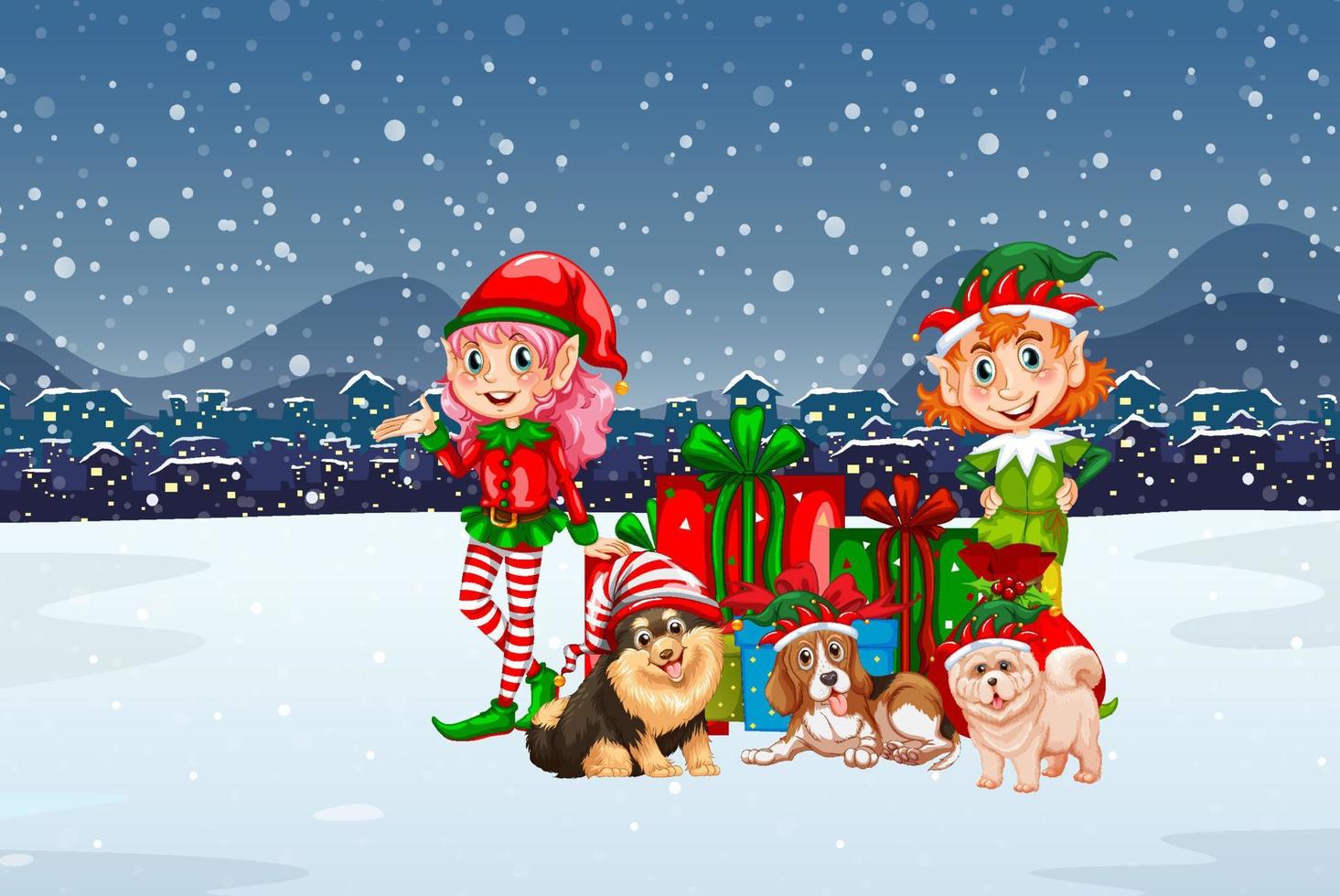 Snowy night scene with Christmas cartoon characters vector