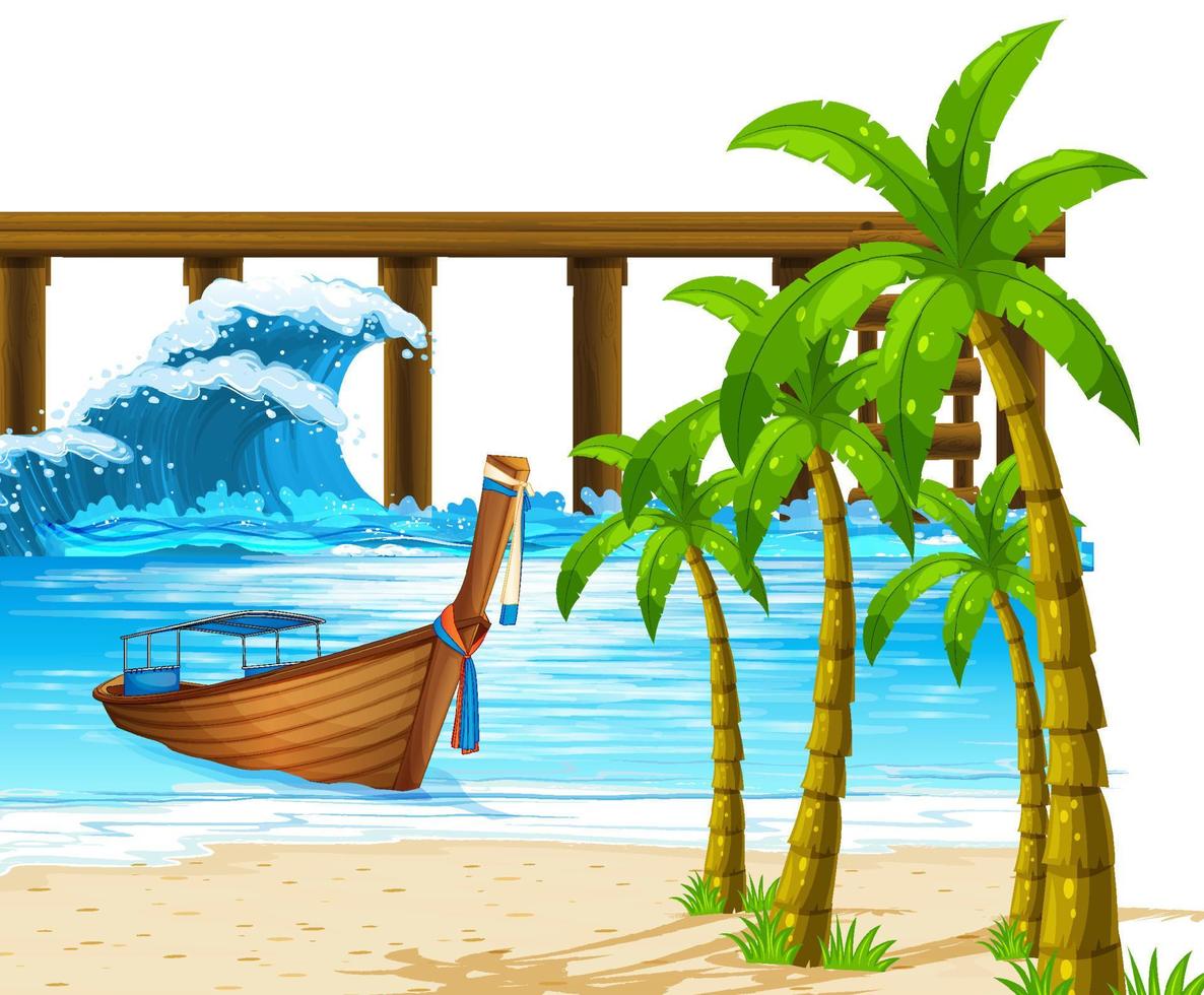 Summer beach with a boat and coconut trees vector