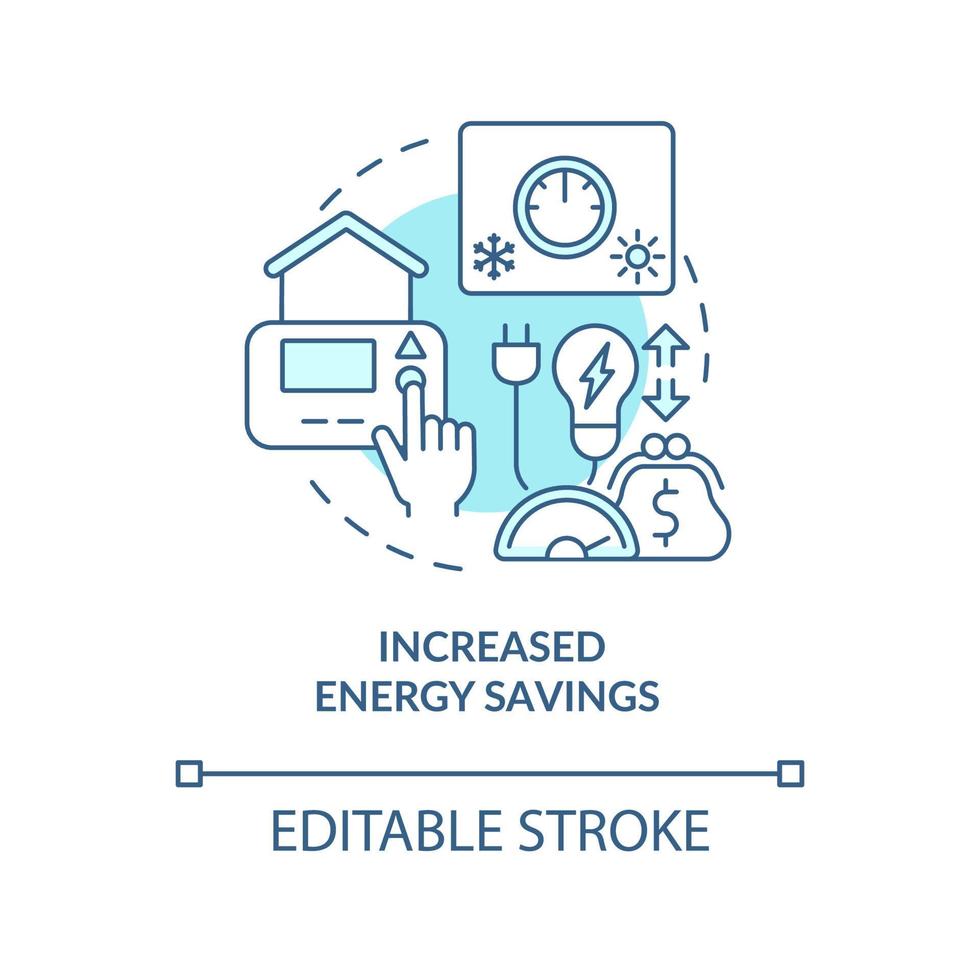 Increased energy savings blue concept icon. Home automation advantages abstract idea thin line illustration. Isolated outline drawing. Editable stroke. Roboto-Medium, Myriad Pro-Bold fonts used vector