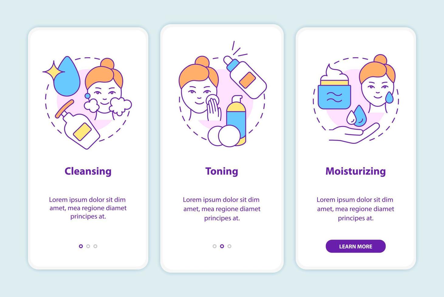 Skincare routine steps onboarding mobile app screen. Beauty walkthrough 3 steps graphic instructions pages with linear concepts. UI, UX, GUI template. Myriad Pro-Bold, Regular fonts used vector