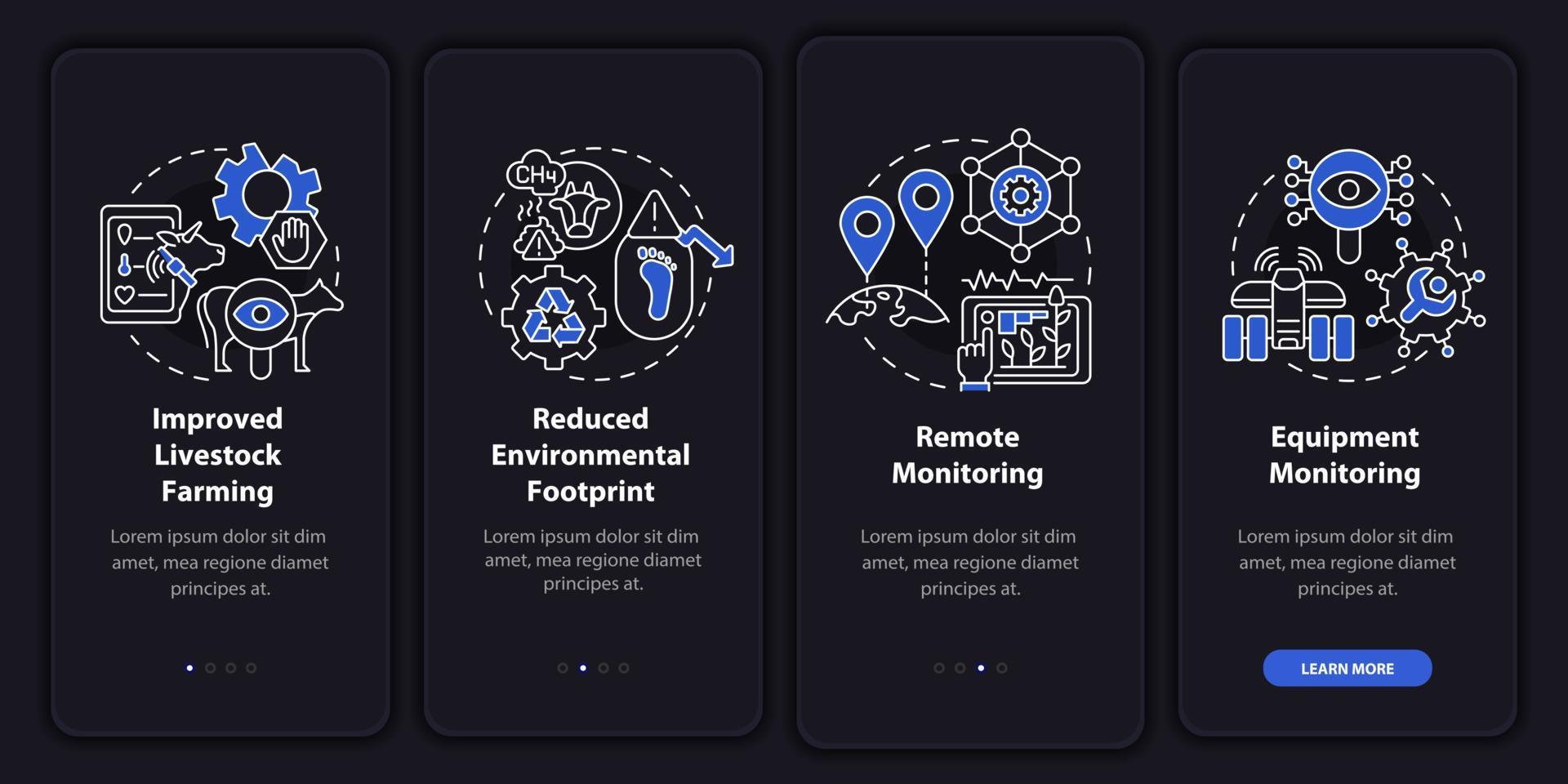 Precision agriculture pros night mode onboarding mobile app screen. Walkthrough 4 steps graphic instructions pages with linear concepts. UI, UX, GUI template. Myriad Pro-Bold, Regular fonts used vector