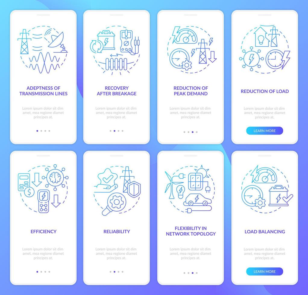 Smart grid blue gradient onboarding mobile app screen set. Electricity walkthrough 4 steps graphic instructions pages with linear concepts. UI, UX, GUI template. Myriad Pro-Bold, Regular fonts used vector