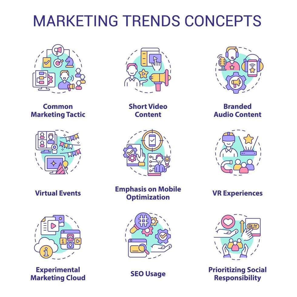 Marketing trends concept icons set. Current channels to promotion business. Customer engaging idea thin line color illustrations. Isolated symbols. Roboto-Medium, Myriad Pro-Bold fonts used vector