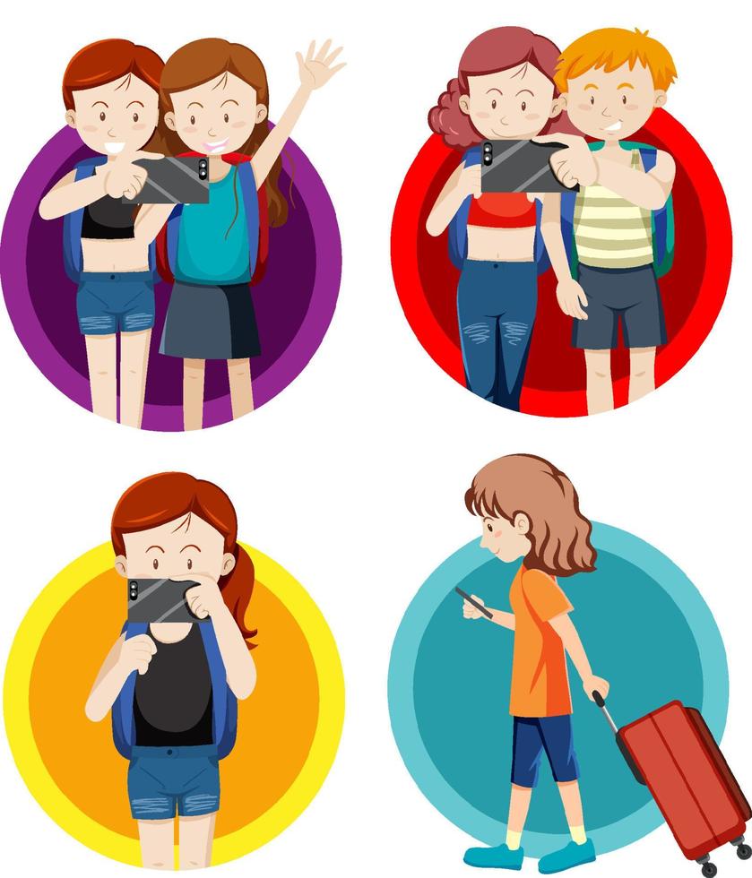 Set of people with phone and backpack vector