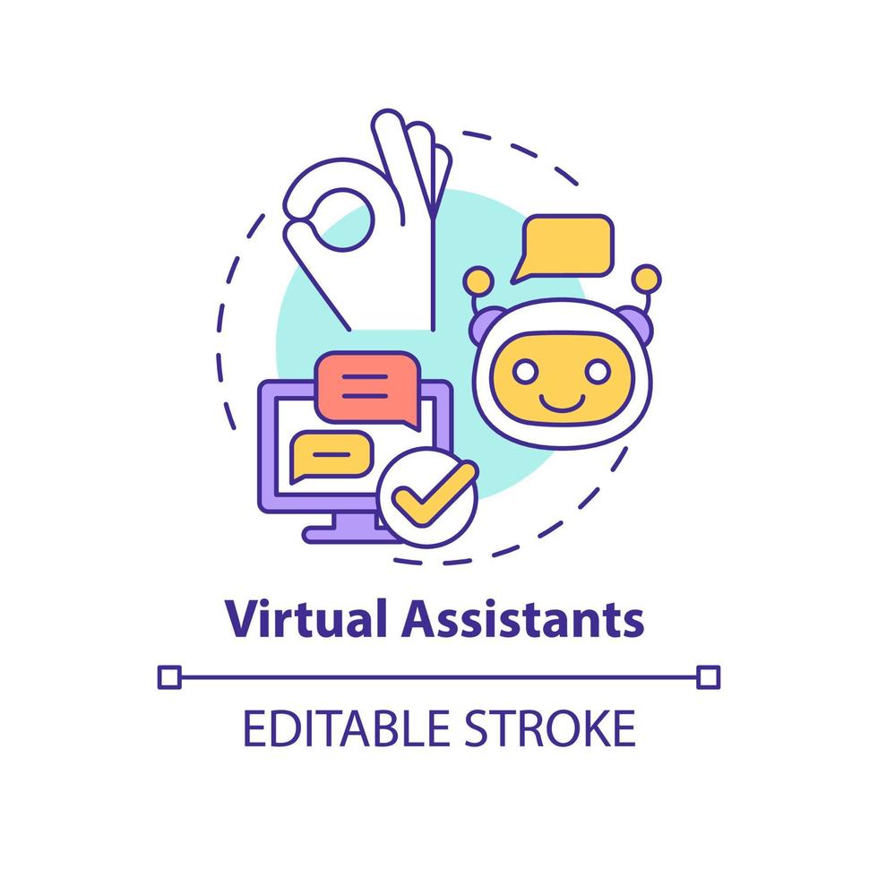Virtual assistants concept icon. Usage of AI in marketing. Advertising trend abstract idea thin line illustration. Isolated outline drawing. Editable stroke. Arial, Myriad Pro-Bold fonts used vector
