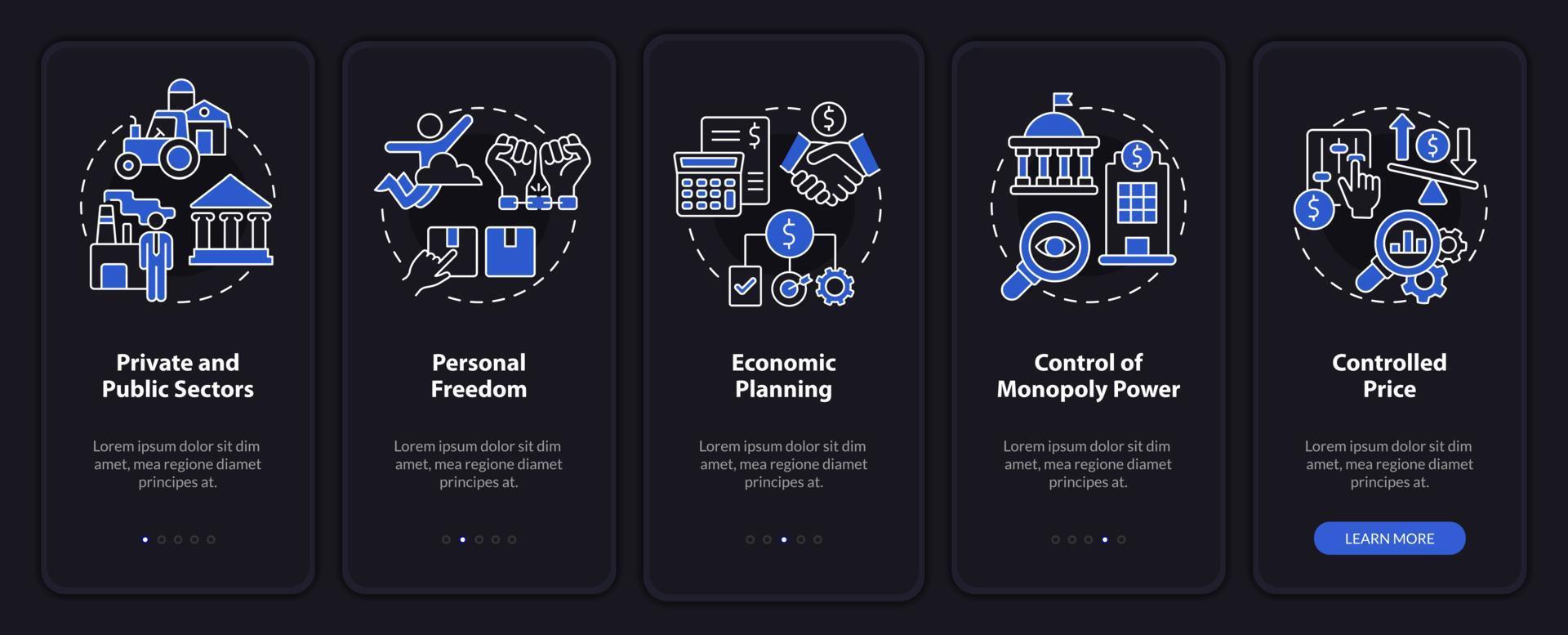 Mixed economy features night mode onboarding mobile app screen. Walkthrough 5 steps graphic instructions pages with linear concepts. UI, UX, GUI template. Myriad Pro-Bold, Regular fonts used vector