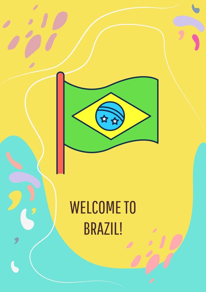 Welcome to Brazil greeting card with color icon element. Send travel card. Postcard vector design. Decorative flyer with creative illustration. Notecard with congratulatory message on yellow