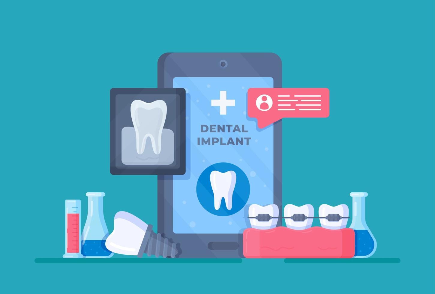 New dentistry. Concept of X-rays, braces installation, implants, root canal cleaning. vector