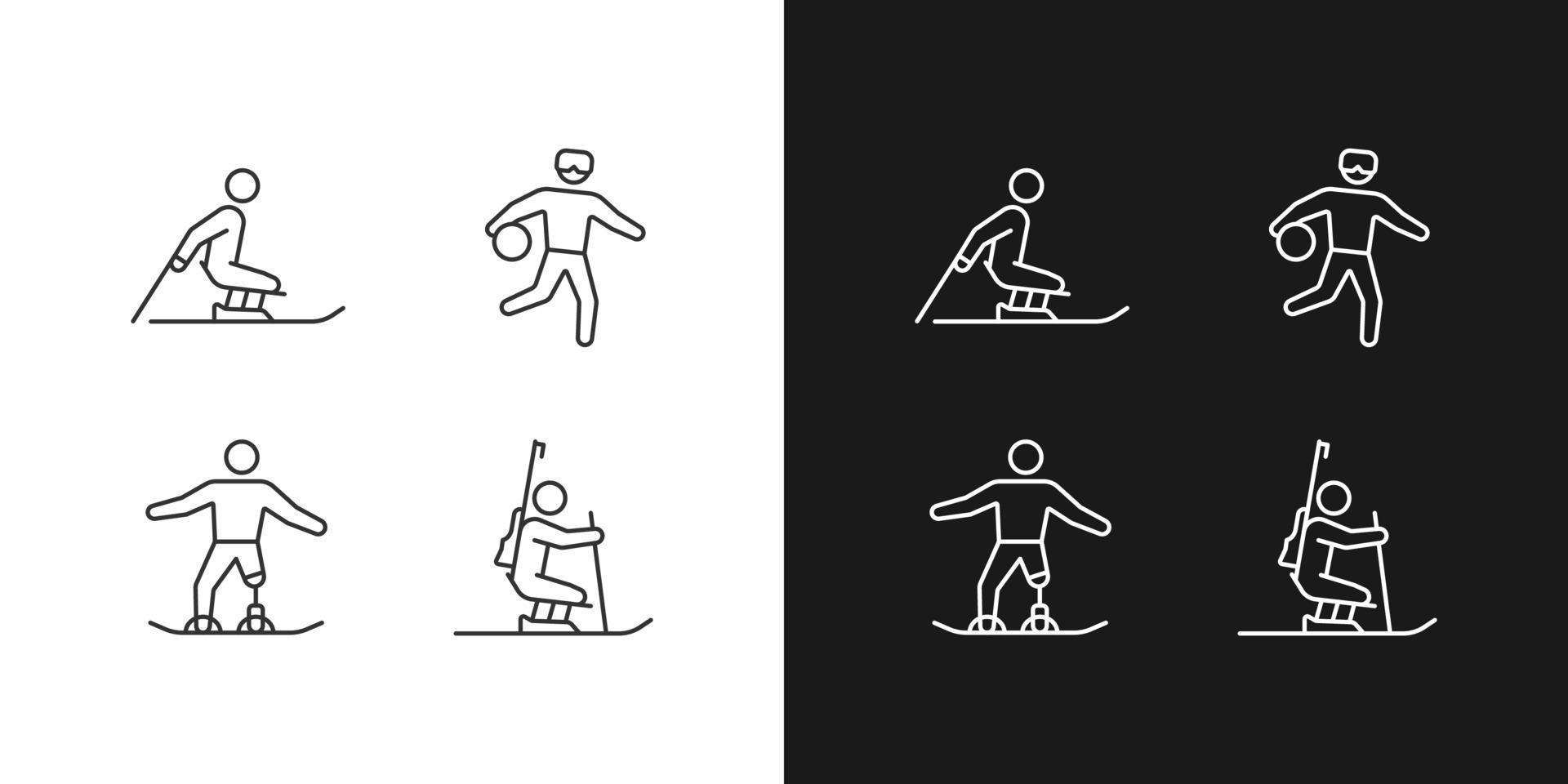 iconos lineales de atletismo de temporada de invierno establecidos para modo oscuro y claro. deporte competitivo adaptativo. deportistas discapacitados. símbolos de línea fina personalizables. ilustraciones aisladas de contorno vectorial. trazo editable vector