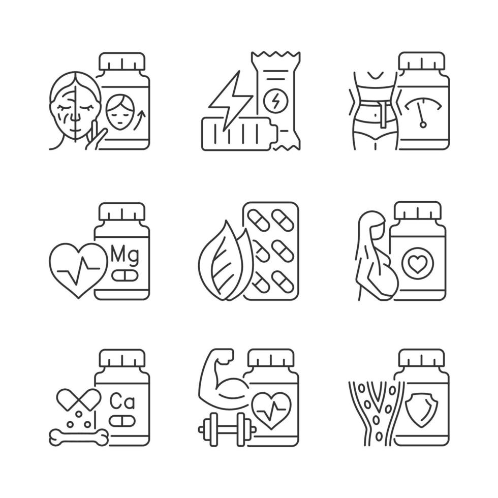 Food supplements linear icons set. Dietary supplements for women. Pills for athletes. Vitamin source. Customizable thin line contour symbols. Isolated vector outline illustrations. Editable stroke