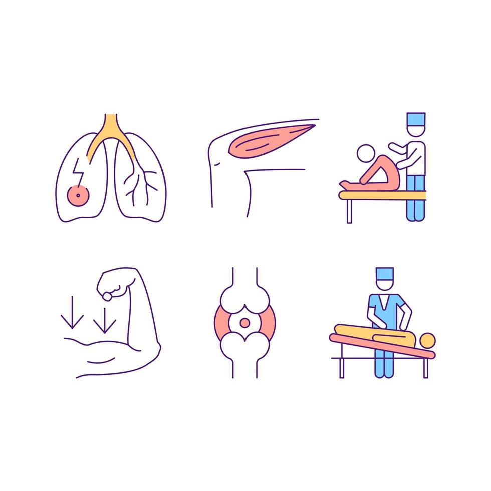 conjunto de iconos de color rgb de fisioterapia. dolor agudo en los pulmones. músculos doloridos en la pierna. paciente visita terapeuta para tratamiento profesional. ilustraciones vectoriales aisladas. colección de dibujos de líneas rellenas simples vector