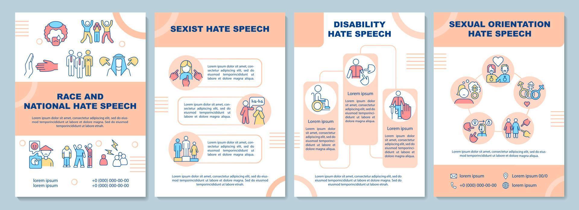 Racist and national hate speech brochure template. Hate crime. Flyer, booklet, leaflet print, cover design with linear icons. Vector layouts for presentation, annual reports, advertisement pages