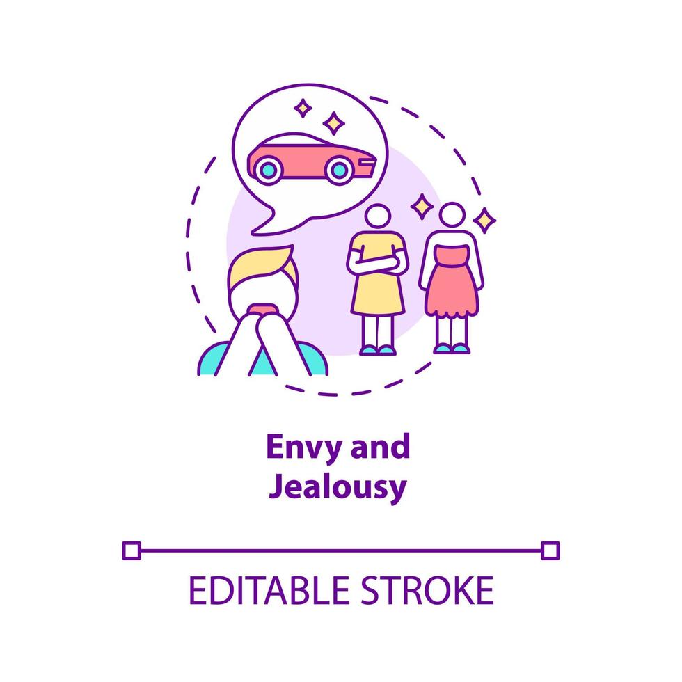 Envy and jealousy concept icon. Self disappointment abstract idea thin line illustration. Comparing self with other people. Happiness obstacle. Vector isolated outline color drawing. Editable stroke