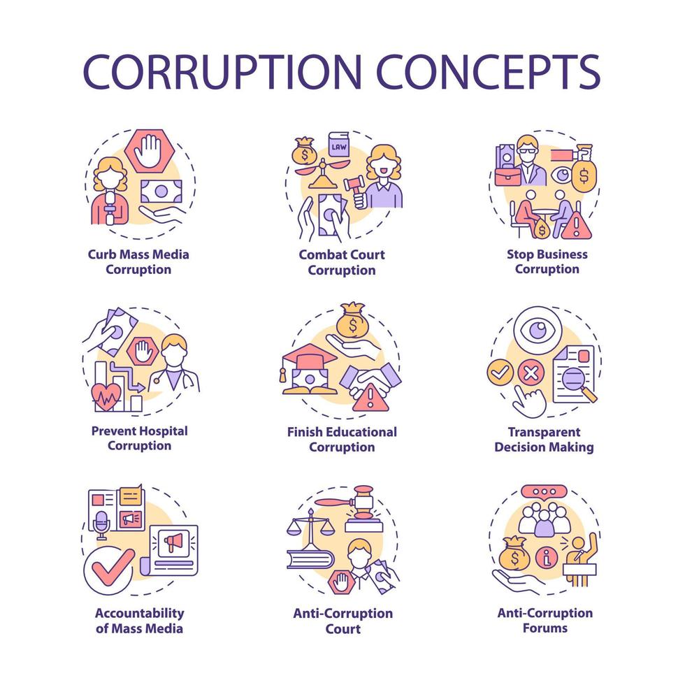 conjunto de iconos de concepto de corrupción. ilustraciones de color de línea delgada de idea de gobierno corrupto. soborno en el gobierno. malversación de dinero del presupuesto. dibujos de contorno aislados vectoriales. trazo editable vector