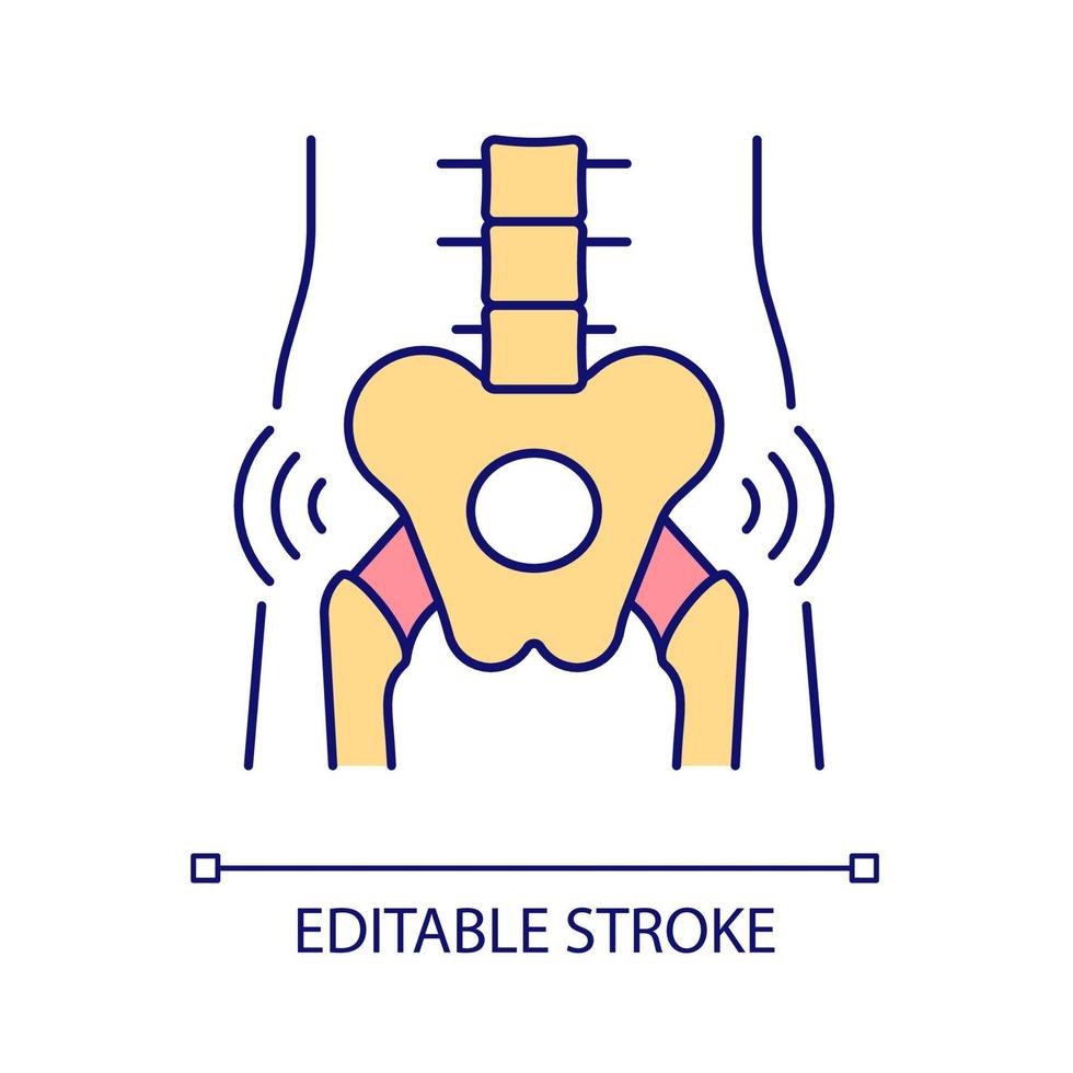 Hip joints RGB color icon. Body part. Human anatomy. Joints and bones disorder. Arthritis. Hip and pelvis trauma. Isolated vector illustration. Simple filled line drawing. Editable stroke