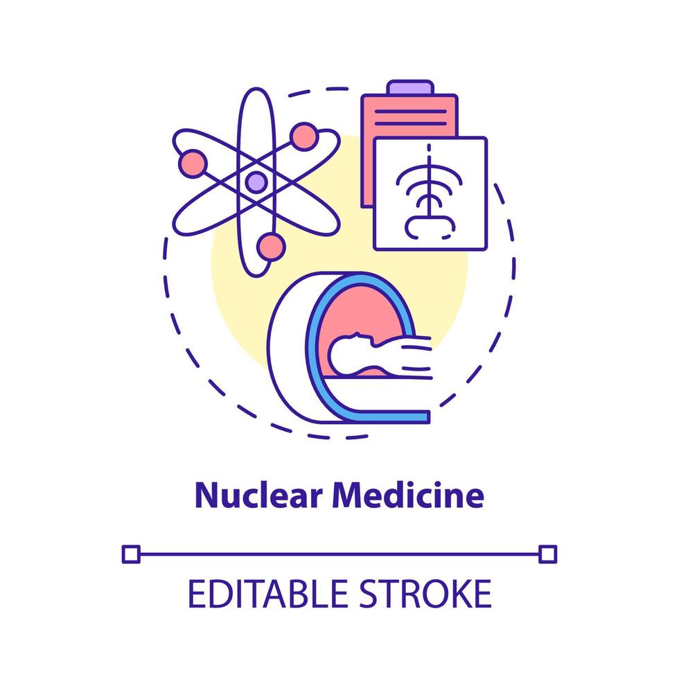Nuclear medicine concept icon. Nuclear energy usage abstract idea thin line illustration. Using radioactive materials for diseases diagnosis. Vector isolated outline color drawing. Editable stroke