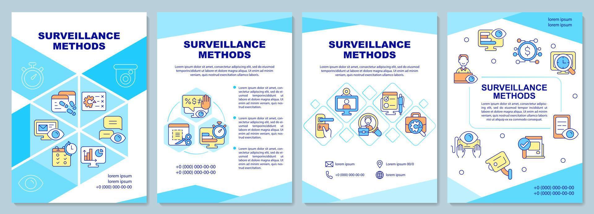 plantilla de folleto de métodos de vigilancia. seguimiento de los empleados. folleto, folleto, impresión de folleto, diseño de portada con iconos lineales. diseños vectoriales para presentaciones, informes anuales, páginas de publicidad vector