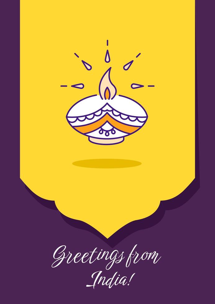 saludos desde la tarjeta de felicitación india con elemento de icono de color. enviar tarjeta de viaje india. diseño vectorial de postal. volante decorativo con ilustración creativa. notecard con mensaje de felicitación vector