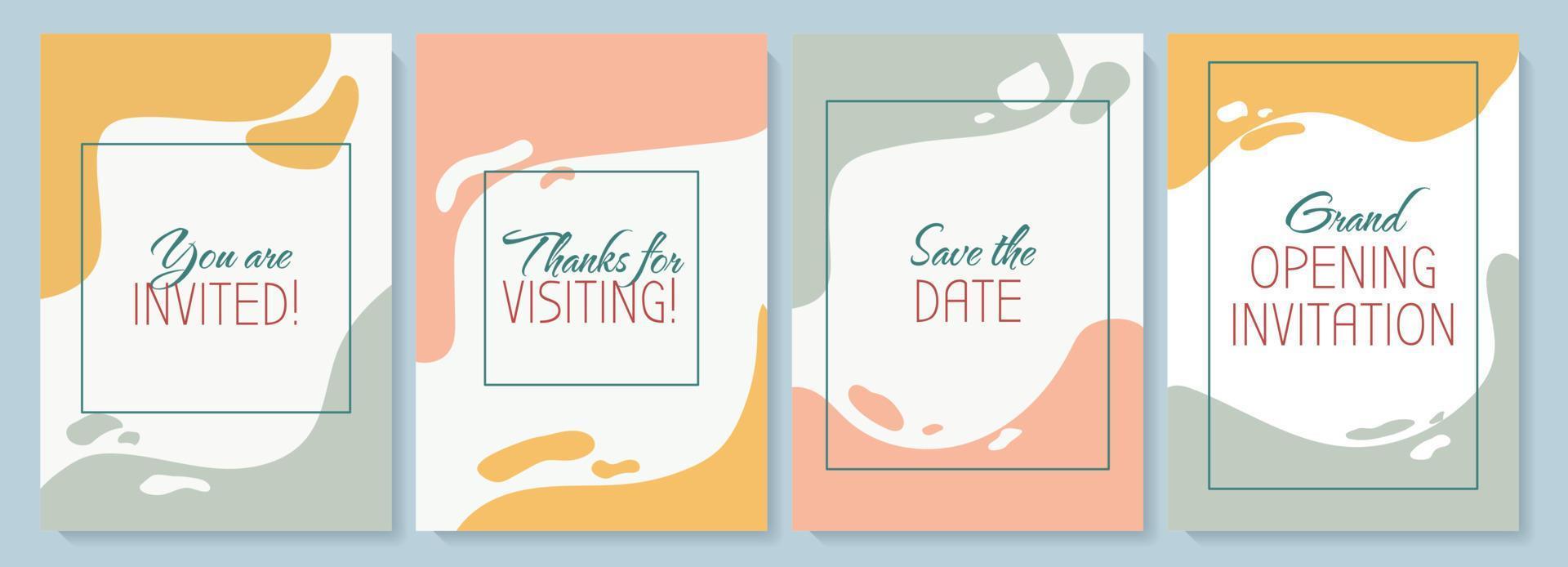 tarjetas de felicitación de invitaciones con conjunto de elementos de icono de color. invitar a la ocasión formal. diseño vectorial de postal. volante decorativo con ilustración creativa. notecard con mensaje de felicitación vector