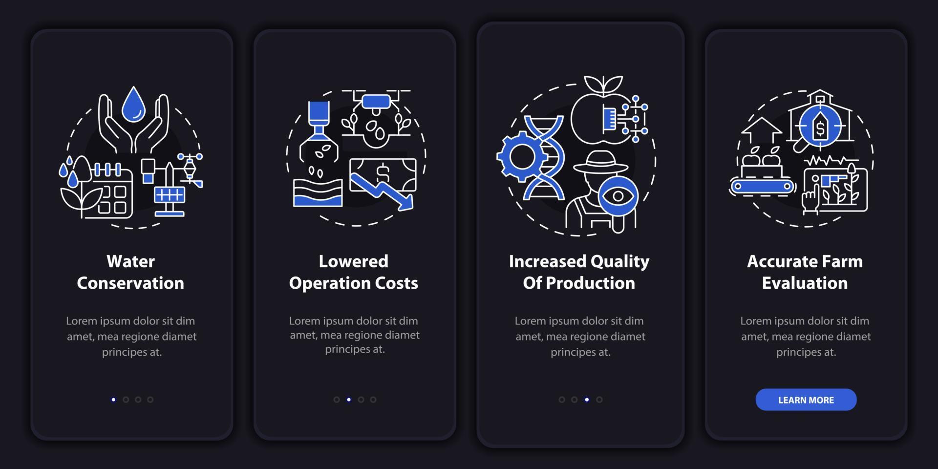 Smart farming advantages night mode onboarding mobile app screen. Walkthrough 4 steps graphic instructions pages with linear concepts. UI, UX, GUI template. Myriad Pro-Bold, Regular fonts used vector