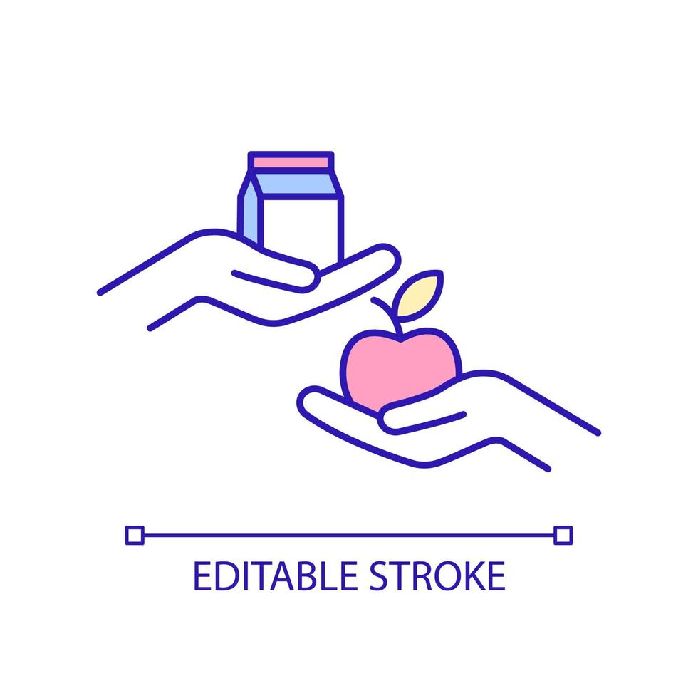 Barter RGB color icon. Economic model. Products and food exchange. Swapping foodstuff and commodity. Isolated vector illustration. Simple filled line drawing. Editable stroke. Arial font used