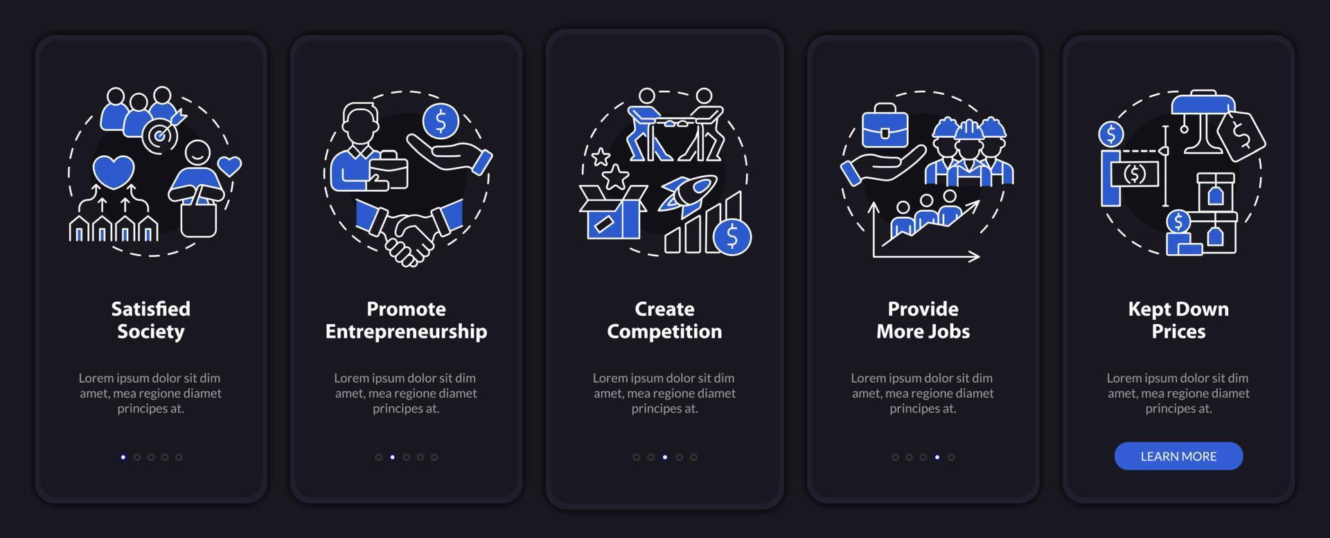 Market economy advantages night mode onboarding mobile app screen. Walkthrough 5 steps graphic instructions pages with linear concepts. UI, UX, GUI template. Myriad Pro-Bold, Regular fonts used vector