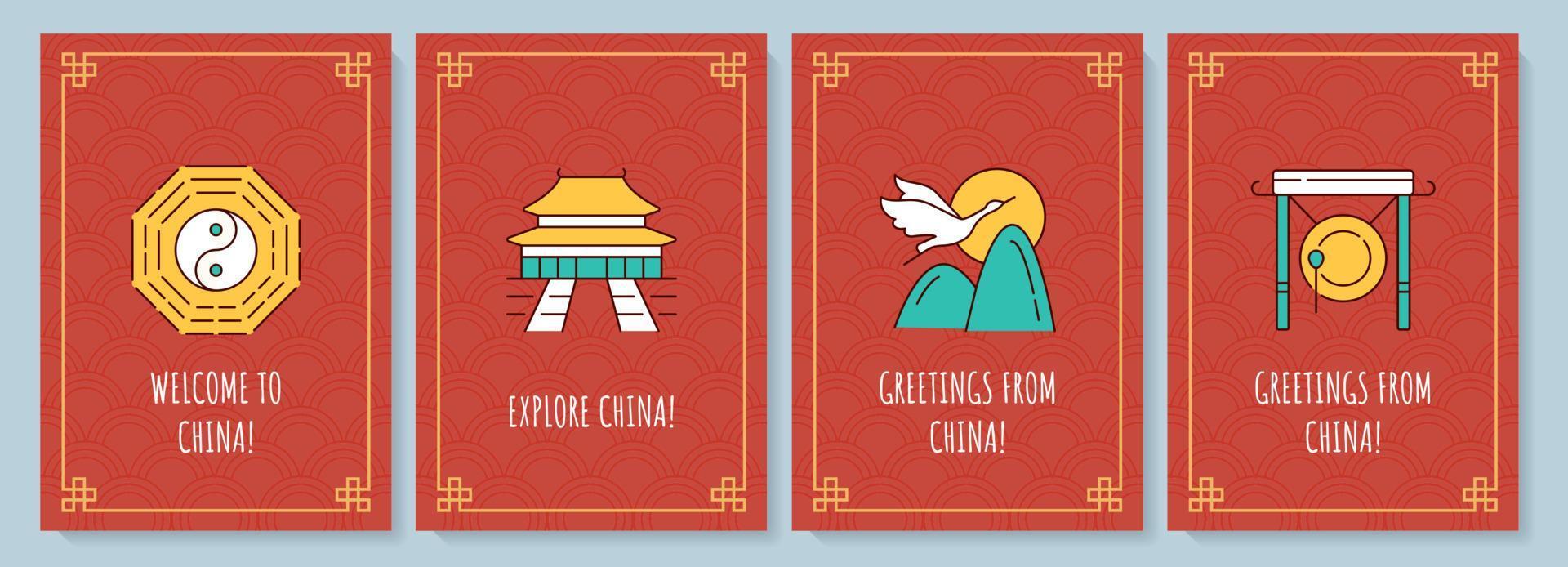 China greeting card with color icon element set. With love from China. Postcard vector design. Decorative flyer with creative illustration. Notecard with congratulatory message on red