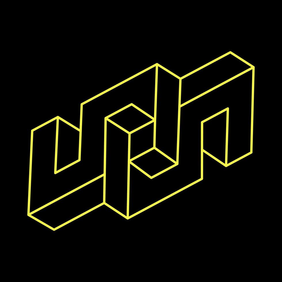 Impossible shapes. Sacred geometry. Optical illusion figures. Abstract eternal geometric object. Impossible endless outline. Optical art. Impossible geometry symbol on a black background. Line art. vector