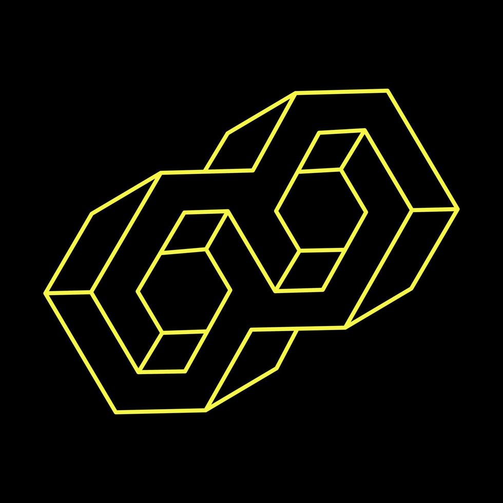 Impossible shapes. Optical illusion. Abstract eternal geometric object. Impossible endless outline. Impossible geometry symbol on a black background. Optical art. vector