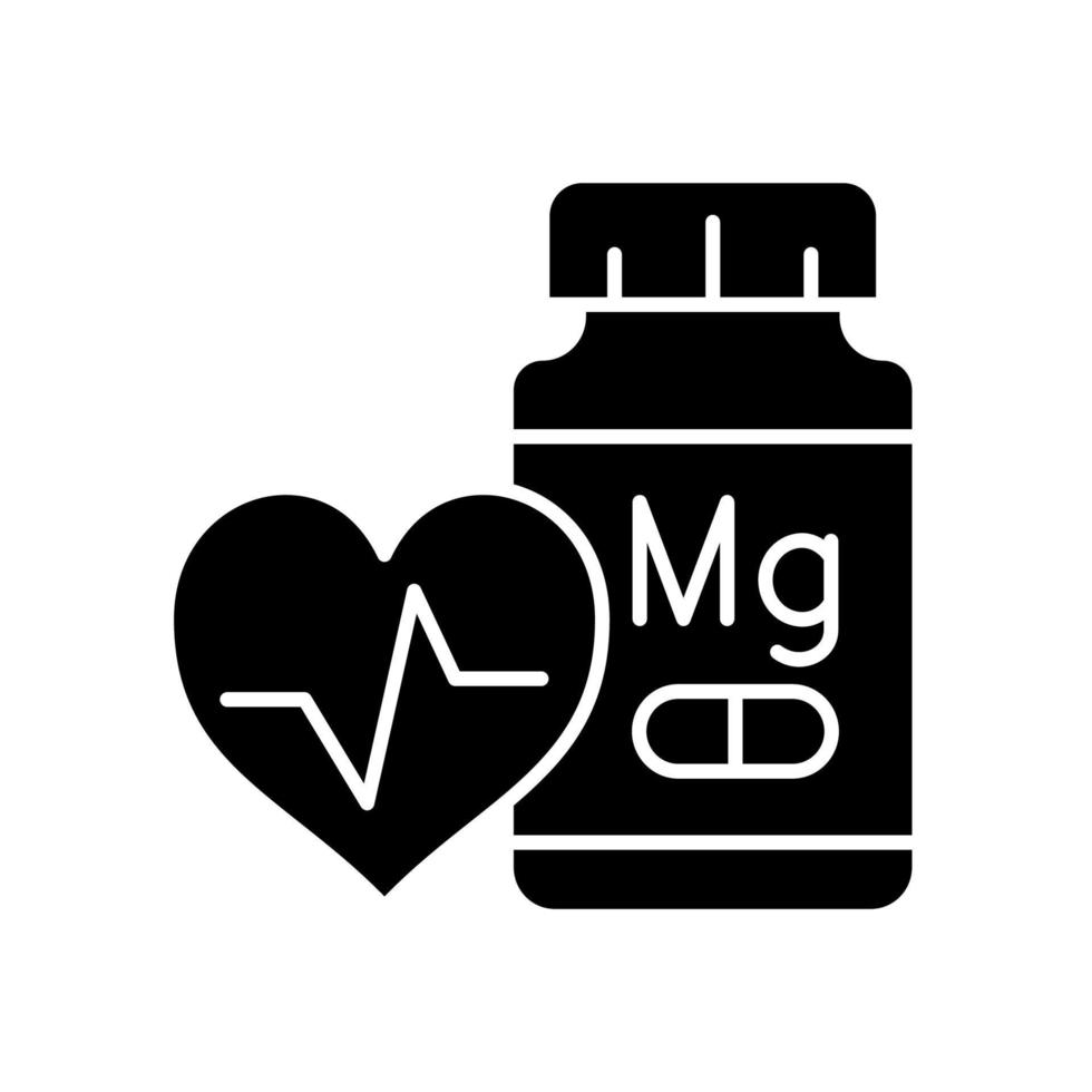 Magnesium supplements black glyph icon. Medication to prevent heart diseases. Heart attack and cardiac arrest prevention. Silhouette symbol on white space. Vector isolated illustration