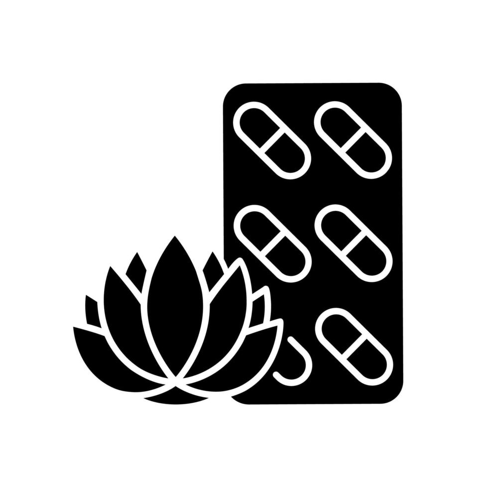 Tranquilizing supplements black glyph icon. Stress relieving complementary medicine. Nervousness reducing. Pills for peaceful rest. Silhouette symbol on white space. Vector isolated illustration
