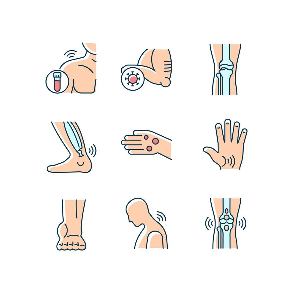 conjunto de iconos de color rgb de problemas conjuntos. dolores musculares. rigidez de los tendones. esguince de ligamento síntomas de la artritis. infección en los huesos. ilustraciones vectoriales aisladas. colección de dibujos de líneas rellenas simples vector