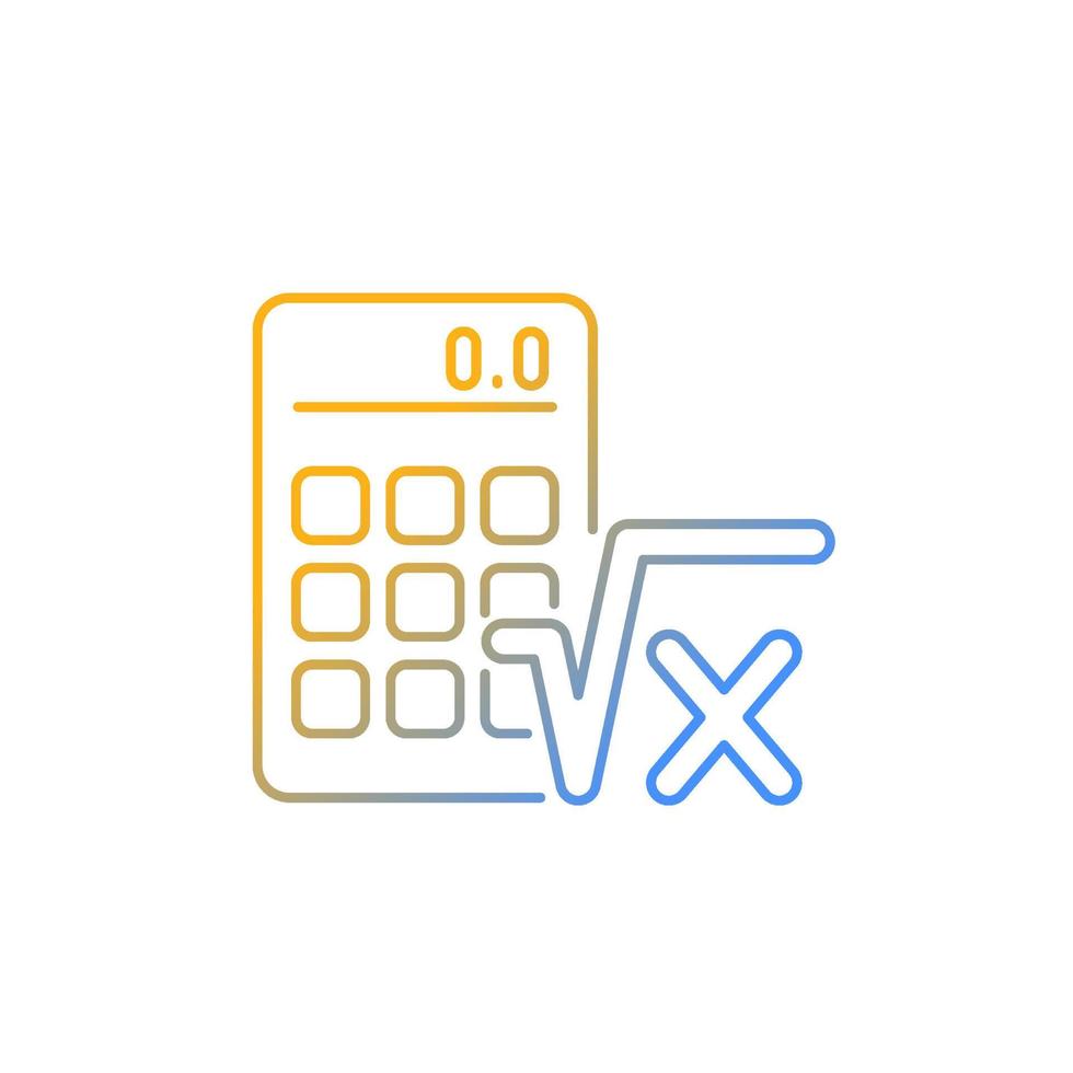 Algebra gradient linear vector icon. Calculator, radical symbol. Mathematical calculations. Solving equation. Thin line color symbol. Modern style pictogram. Vector isolated outline drawing