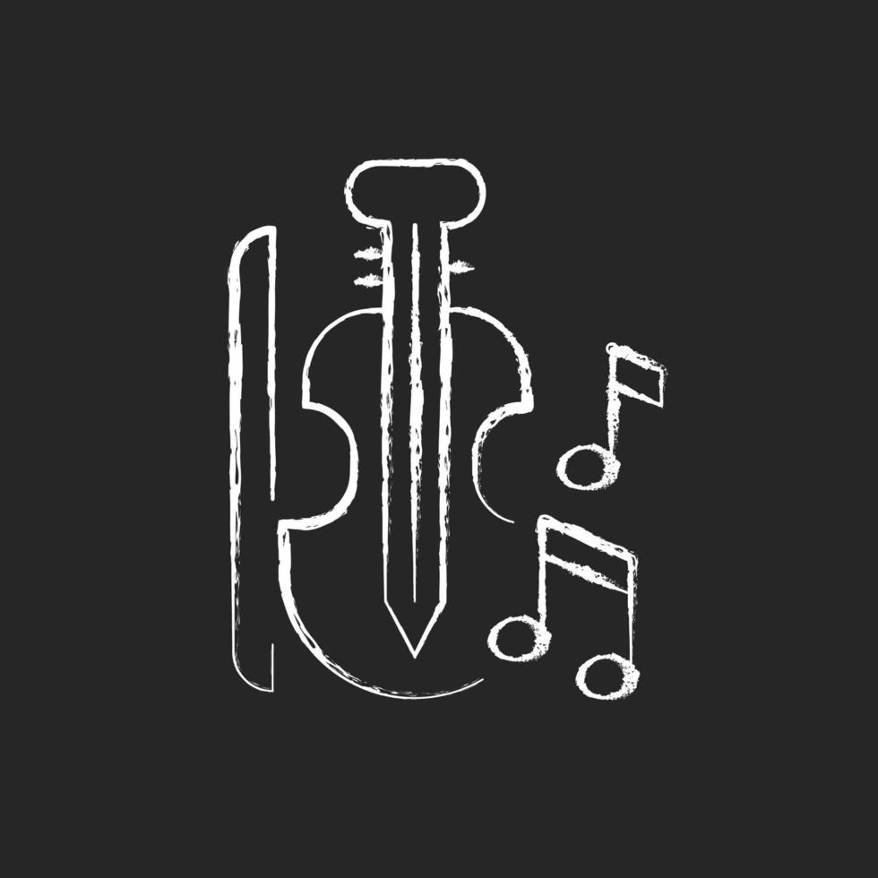 Music chalk white icon on dark background. Playing musical instruments in educational institutions. Violin, bow, notes. Music lessons in school. Isolated vector chalkboard illustration on black