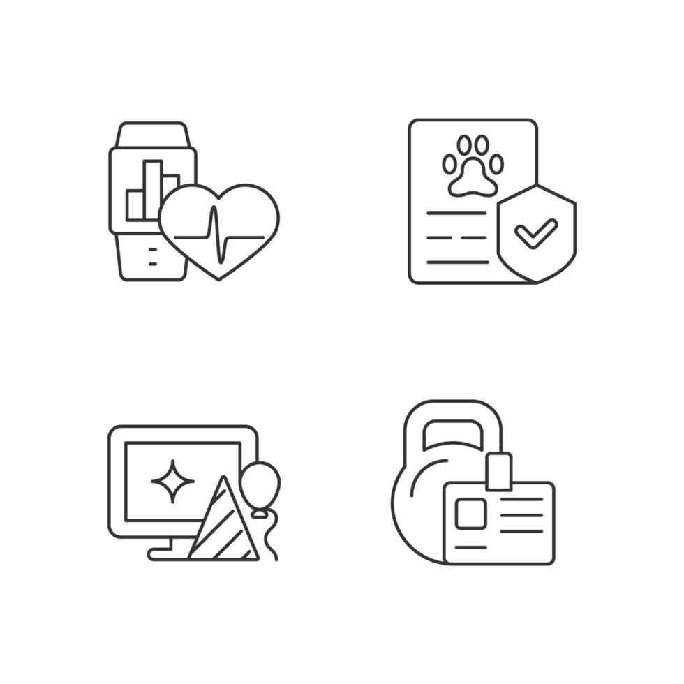 Motivating employees linear icons set. Health trackers for workers. Pet insurance. Workplace celebration. Customizable thin line contour symbols. Isolated vector outline illustrations. Editable stroke