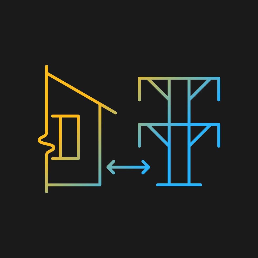 Distance from electric lines gradient vector icon for dark theme. Space between building and power system equipment. Thin line color symbol. Modern style pictogram. Vector isolated outline drawing
